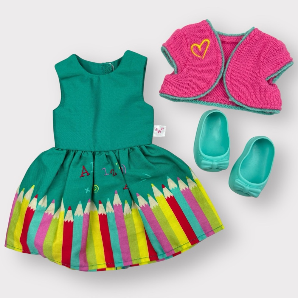 American Girl WellieWishers Colorful ABCs Outfit with Cardigan, Dress, & shoes